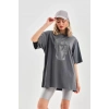 Unisex Taş Desenli Oversize T-Shirt - Füme