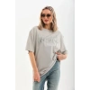 Unisex Taş Desenli Oversize T-Shirt - Gri