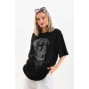 Unisex Taş Desenli Oversize T-Shirt - Siyah