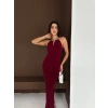 Uzun Abiye Elbise Yırtmaçlı Sırt Dekolteli Şık Gece Elbisesi - Bordo