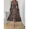 Uzun Kollu Bisiklet Yaka Leopar Desenli Midi Süprem Elbise