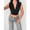 Vatkalı Kolsuz V Yaka Drapeli Crop Bluz Likralı Fit - Siyah