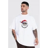 Yılbaşı Gözlüklü Noel Baba Baskılı Kısa Kollu Oversize Bisiklet Yaka T-shirt - Beyaz