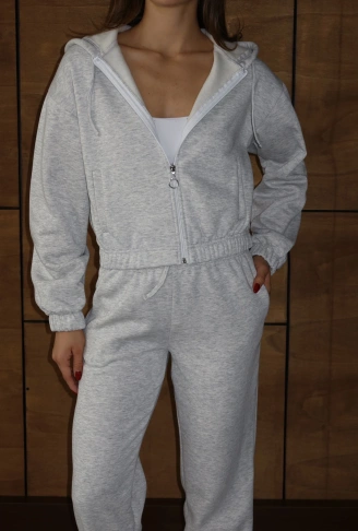 3 iplik şardonlu Kapşonlu fermuarlı kısa üst gri pat8590