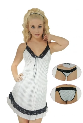 Pınar Beyaz Puantiyeli Gecelik ve KülotTakımı