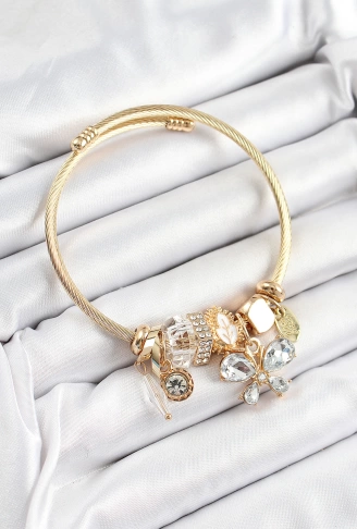316L Çelik Beyaz Zirkon Taşlı Kelebek Model Gold Renk Charm Bileklik