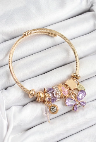 316L Çelik Mor Zirkon Taşlı Kelebek Model Gold Renk Charm Bileklik