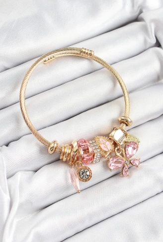 316L Çelik Pembe Zirkon Taşlı Kelebek Model Gold Renk Charm Bileklik