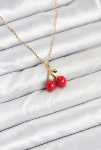 316L Çelik Zincir Gold Renk Kiraz Model Kadın Kolye