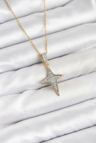 316L Çelik Zincir Gold Renk Kutup Yıldızı Model Zirkon Taşlı Kadın Kolye