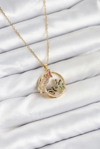 316L Çelik Zincir Gold Renk Zirkon Taşlı Kelebekli Kadın Kolye