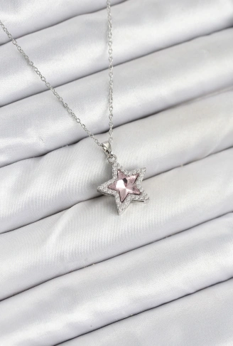 316L Çelik Zincir Gümüş Renk Pembe Taşlı Yıldız Model Kadın Kolye