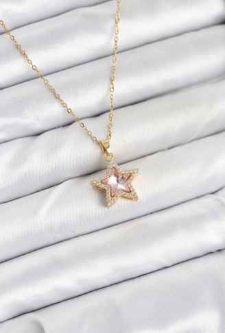 316L Çelik Zincir Pembe Taşlı Yıldız Model Kadın Kolye