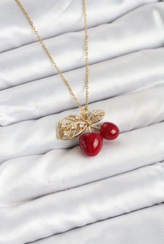 316L Çelik Zincir Yapraklı Kiraz Model Gold Renk Kadın Kolye