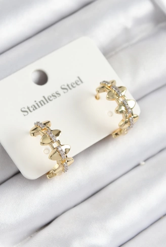 316L Çelik Zirkon Taşlı Çit Halka Model Gold Renk Kadın Küpe