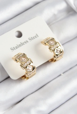 316L Çelik Zirkon Taşlı Halka Model Gold Renk Kadın Küpe