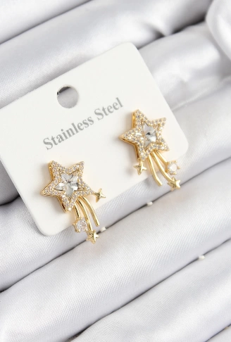 316L Çelik Zirkon Taşlı Kayan Yıldız Model Gold Renk Kadın Küpe