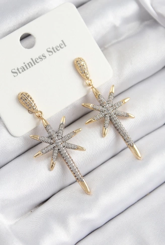 316L Çelik Zirkon Taşlı Pusula Yıldızı Model Gold Ve Gümüş Renk Kadın Küpe