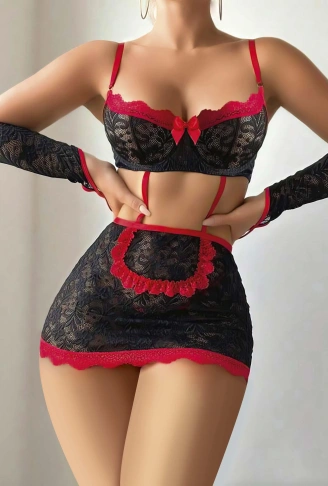 5 parça Kırmızı Siyah Dantel Çiçek Desen Hizmetçi Model Özel Fantezi Tanga Hediyeli 2043