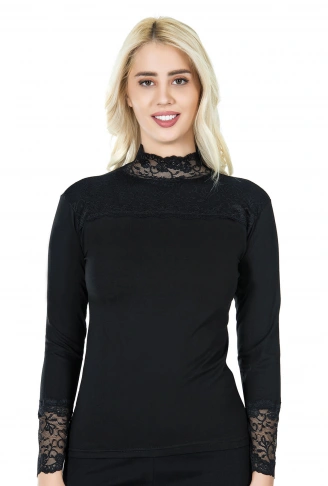 Derya Kurşun Uzun Kol Balıkçı Yaka Dantelli Kadın Tişört 241