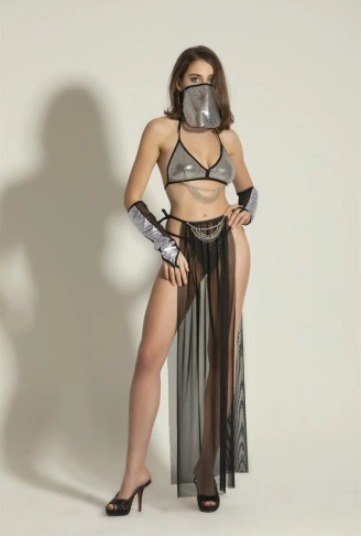 FANTEZİ DANSÖZ KOSTÜMÜ SİYAH/GÜMÜŞ (MGP6456)