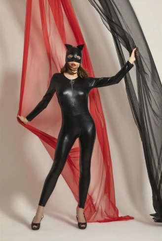 FANTEZİ DERİ KEDİ KIZ KOSTÜMÜ SİYAH (MGP6330)