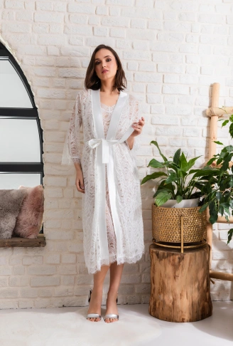 GELİN SET TRANSPARAN MİDİ BOY KUŞAKLI SABAHLIK EKRU (MGP12176)