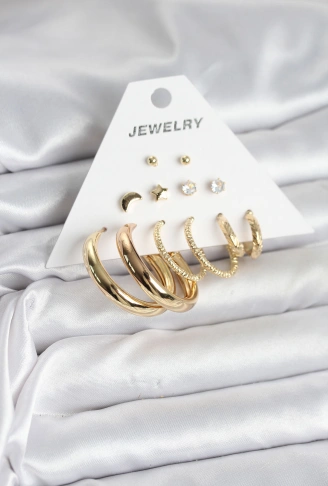 Gold Renk 6 Çiftli Pirinç Kadın Küpe Seti