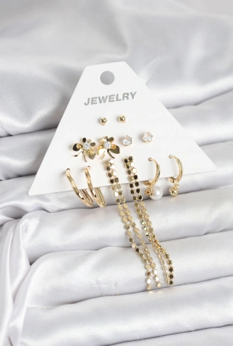 Gold Renk Pirinç 6lı Kadın Küpe Seti