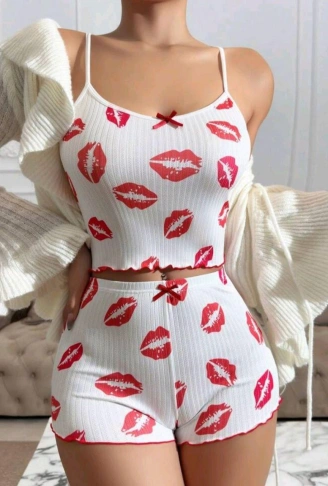 Kadın Beyaz Dudak Desenli Seksi Gecelik Takım 5021