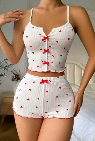 Kadın Beyaz Fiyonk Desenli Seksi Gecelik Takım 5007