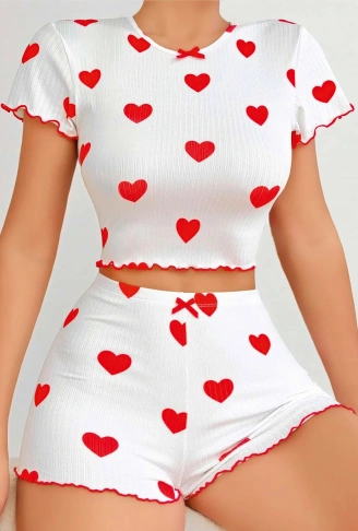 Kadın Beyaz kırmızı kalp Desenli şortlu Gecelik Takım 5023