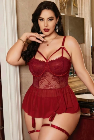 Kadın Bordo Dantelli Transparan Büyük Beden Fantezi Gecelik Takımı 8002