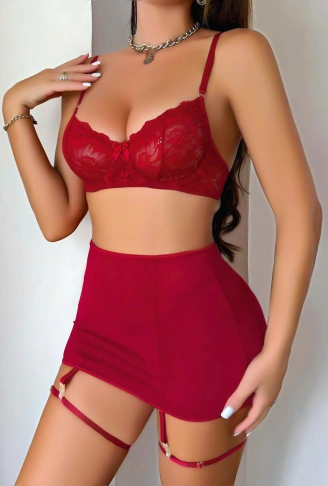 Kadın Bordo Etek Fantezi Jartiyer Sexy Gecelik Takım 2151
