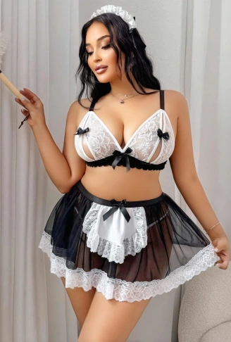 Kadın Büyük Beden  Seksi Hizmetçi Kostüm Fantezi Transparan Tül Fantezi Erotik 8006