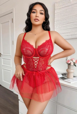 Kadın Çapraz İpli Dantelli Büyük Beden Tüllü Transparan Fantezi Gecelik 8008