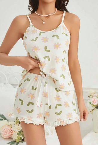Kadın Ekru Çiçek Baskılı Şortlu Gecelik Pijama Takımı 5047