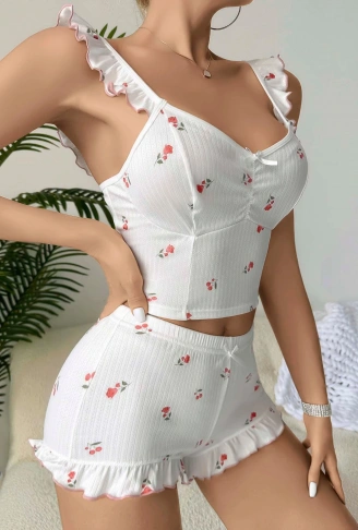 Kadın Gül ve Kiraz Desenli Şortlu Gecelik Takım 5112