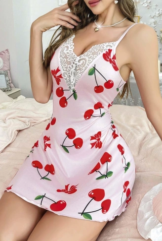 Kadın Kiraz  Desenli Dantel Detaylı  Askılı  Elbise 5067