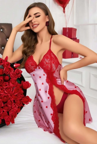Kadın Kırmızı kalp Desenli saten Gecelik 2220