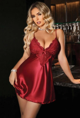 Kadın Kırmızı Saten Askılı Dantel Detaylı Gecelik 2227