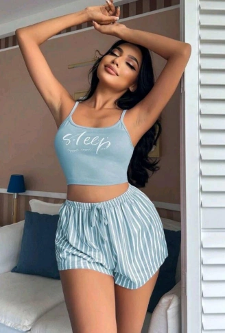 Kadın Mavi Çizgili Desenli Askılı Şortlu Pijama Takım 5001