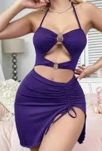 Kadın Mor Fantezi Elbise Önden Büzgü Dekolteli 5083