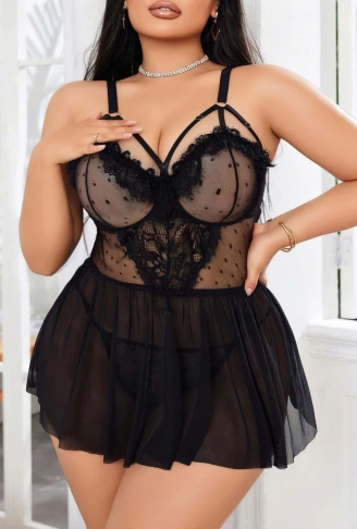 Kadın Nakışlı Siyah Gotik İp Askılı Büyük Beden Tüllü Transparan Fantezi Gecelik 8007