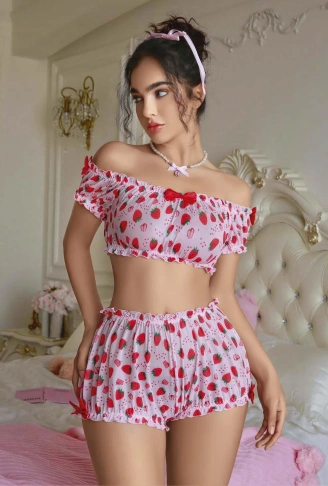 Kadın Pembe Çilek Desenli Fantezi Şort takım 2156