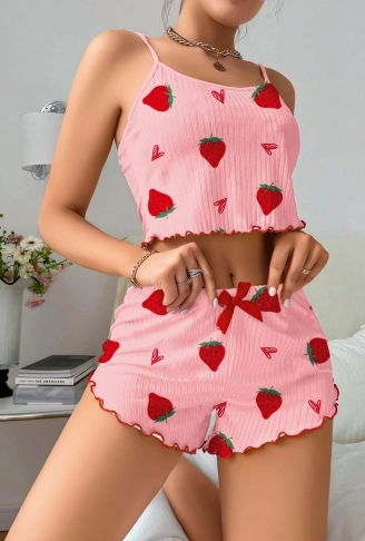 Kadın Pembe Çilek desenli Şortlu Pijama Takımı 5056