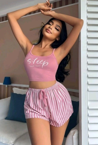 Kadın pembe çizgili desen Askılı Şortlu Pijama Takım 5002