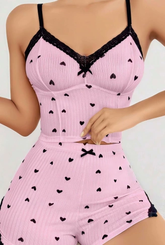 Kadın Pembe Kalp Desenli Askılı Şortlu Pijama Takım 5013