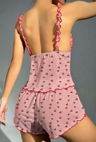 Kadın Pembe Kiraz Desenli Fırfırlı Şortlu Gecelik Takım 5102