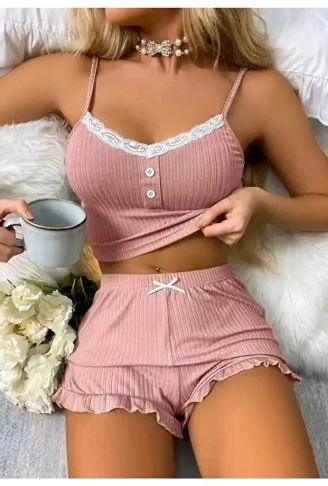 Kadın Pudra Dantel Detaylı Şortlu Gecelik Pijama Takımı 5015